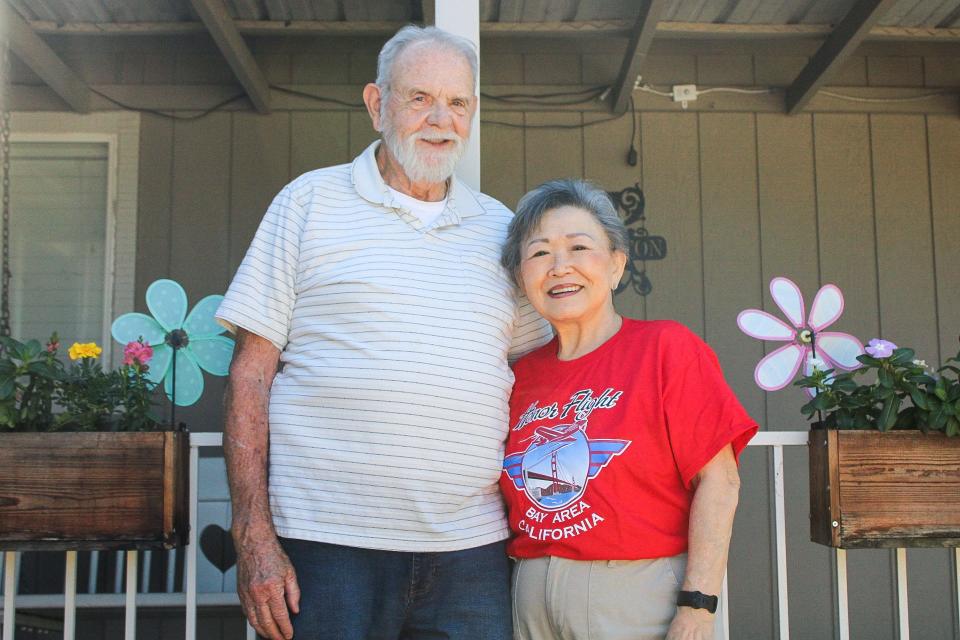 Veterans Richard Johnston and Pollyanne Nakamura Johnston outside of their Stockton home on Thursday, Sept. 7, 2023. PollyAnne was the first Japanese-American woman from Stockton to enlist in the Army.