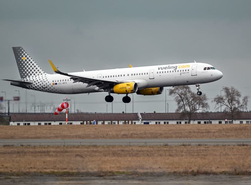 An Airbus A321-231 of the airline Vueling lands at Berlin Brandenburg Airport (BER). The trade union Verdi has called on employees in the aviation security sector at Berlin Brandenburg Airport to go on an all-day warning strike on 01 February. Soeren Stache/dpa