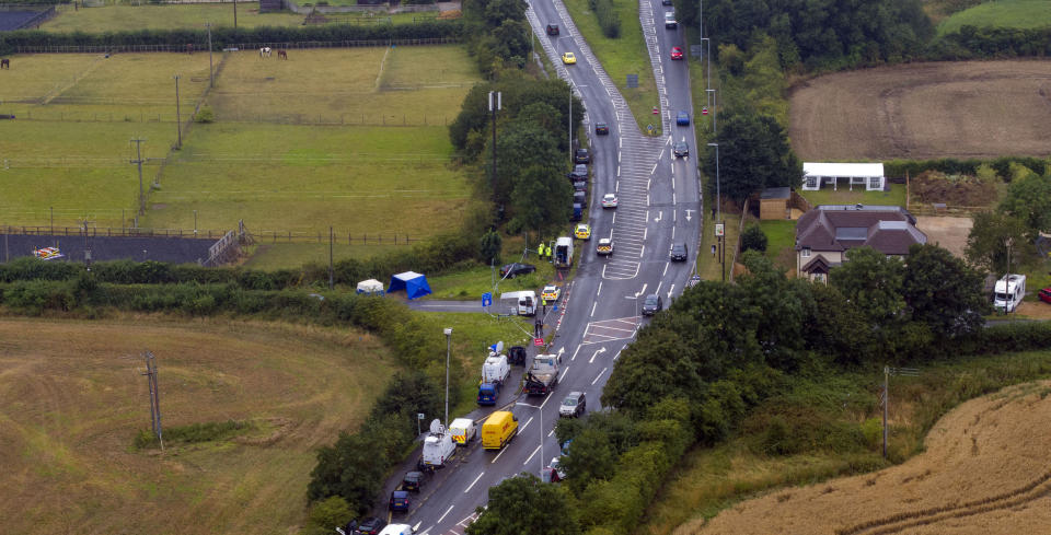 The scene at Ufton Lane, near Sulhamstead, Berkshire, where Pc Andrew Harper, a Thames Valley Police officer, was killed in the line of duty whilst attending a reported burglary on Thursday evening (Picture: Steve Parsons/PA Wire) 