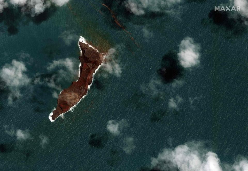 Satellite image shows a small section of island where the Hunga-Tonga - Hunga-Haa’pai volcano used to be visible (Satellite image Â©2022 Maxar Tech)