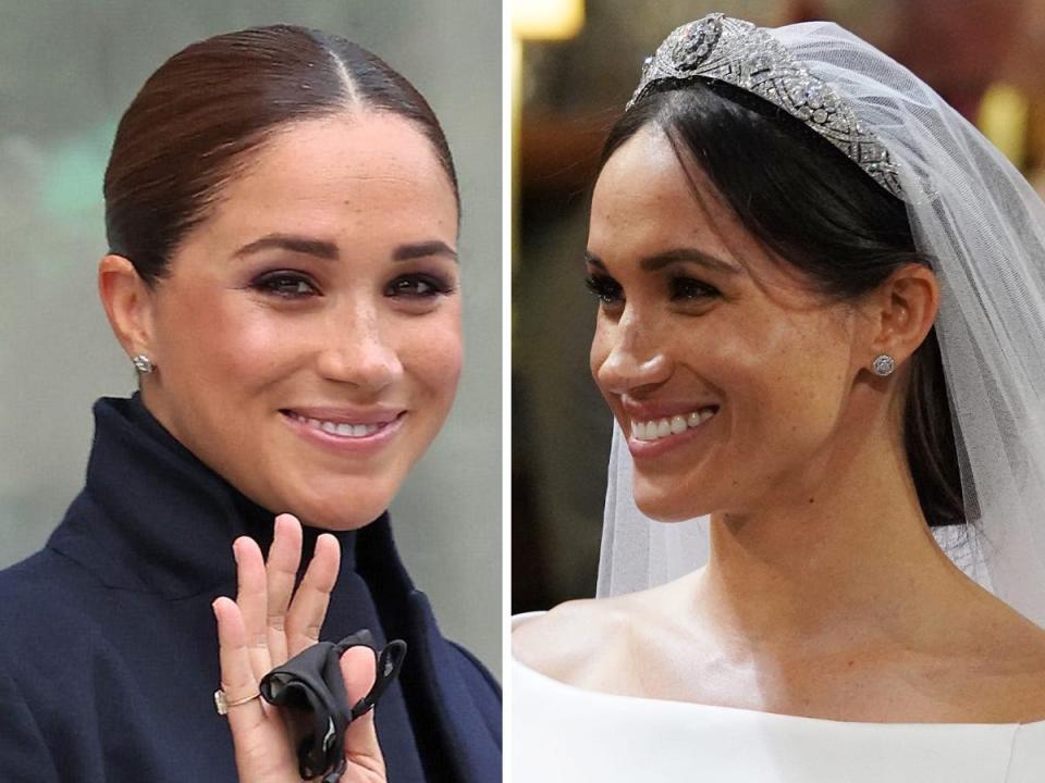 A side-by-side of Meghan Markle wearing the same set of earrings.