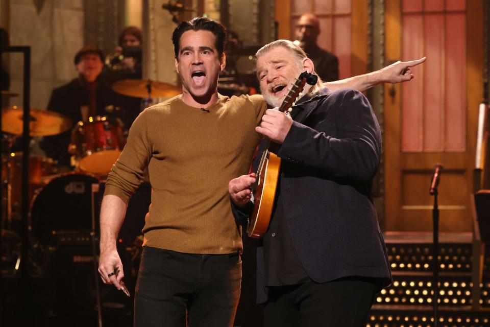 SATURDAY NIGHT LIVE -- “Brendan Gleeson, Willow” Episode 1828 -- Pictured: (l-r) Special guest Colin Farrell with host Brendan Gleeson during the Monologue on Saturday, October 8, 2022