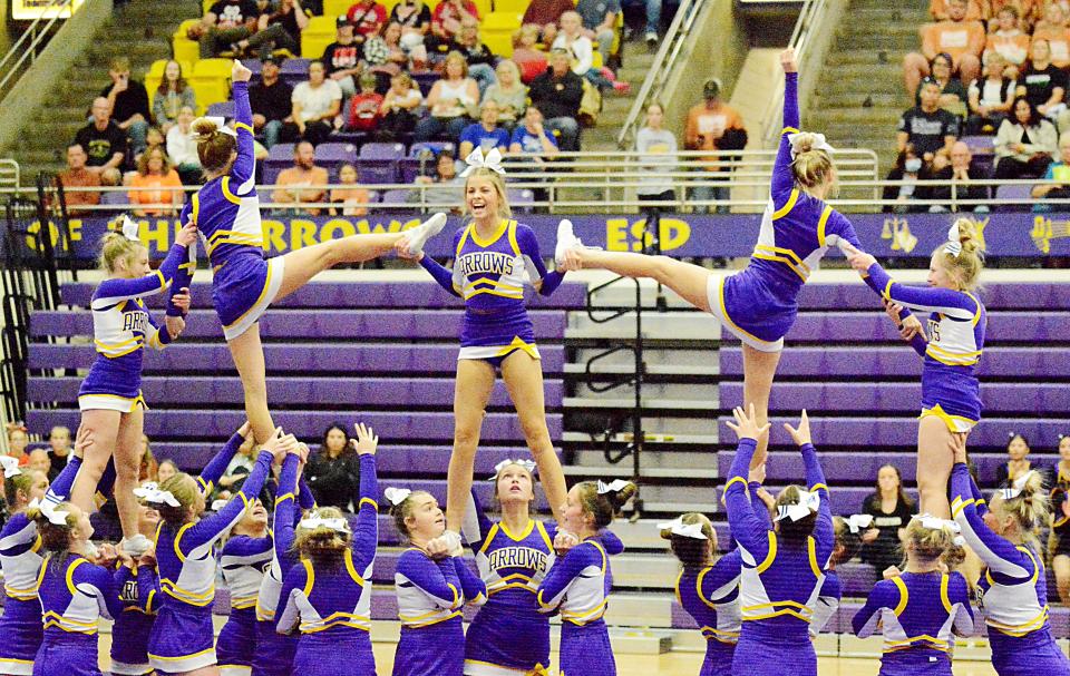 Watertown High School's cheer squad competes in the Class AA portion of the South Dakota State Competitive Cheer and Dance Championships on Saturday, Oct. 22, 2022 in the Civic Arena. The Arrows placed sixth out of 18 teams.