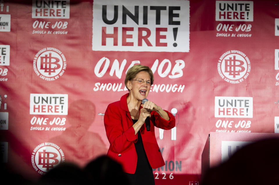 Democratic presidential candidate U.S. Sen. Elizabeth Warren speaks during a town hall meeting at the Culinary Workers Union Local 226 hosted by Unite Here, Monday, Dec. 9, 2019, in Las Vegas. (Yasmina Chavez/Las Vegas Sun via AP)