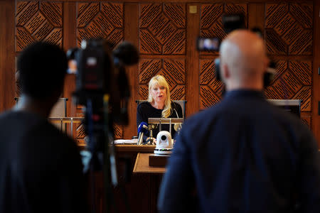 Judge Gudrun Anteman comments on the judgement from the district court in Stockholm as Jean Claude Arnault, who has close connections to the Swedish Academy, is sentenced two years in jail for one rape he was suspected of, in Stockholm, Sweden October 1, 2018. TT News Agency/Anders Wiklund/via REUTERS