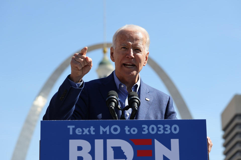 ST LOUIS, MO - MARCH 07:  Democratic presidential candidate, former Vice President Joe Biden speaks at a campaign rally at Kiener Plaza on March 7, 2020 in St Louis, Missouri. Biden and Sen. Bernie Sanders (I-VT) are the remaining top contenders to challenge President Trump in the 2020 presidential election. (Photo by Dilip Vishwanat/Getty Images)