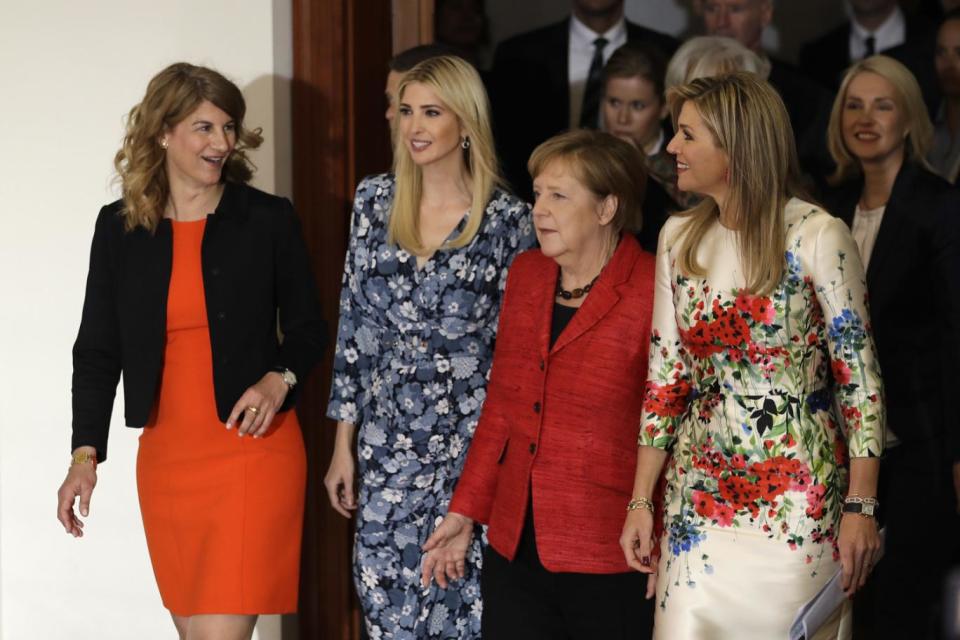 Stephanie Bschorr, President of the Association of German Female Entrepreneurs, Ivanka Trump, German Chancellor Angela Merkel and Dutch Queen Maxima (Michael Sohn/AP)