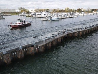 A 96-foot section of Veteran’s Pier in Carteret was damaged on Oct. 31 when a barge crashed into it. Repairs have been underway since early July and are expected to be completed by September’s end