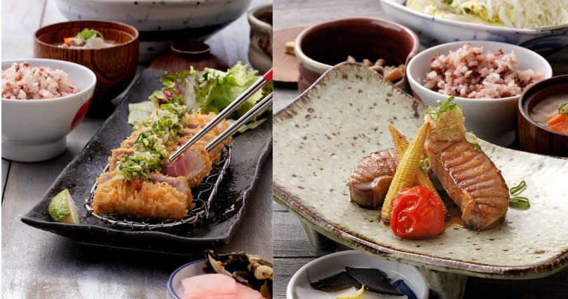 勝勢推出「蔥鹽鮪魚套餐」（左，530元）、「薑汁醬燒鮪魚腹肉套餐」。（390元，圖／勝勢日式豬排提供）