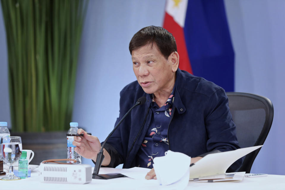 In this handout photo provided by the Malacanang Presidential Photographers Division, Philippine President Rodrigo Duterte talks during a meeting with the Inter-Agency Task Force on the Emerging Infectious Diseases at the Malacanang Presidential Palace in Manila, Philippines on Tuesday Aug. 24, 2021. The Philippines' tough-talking President has confirmed rumblings that he will run next year for vice president, in what critics say is an attempt at an end-run around constitutional term limits. (Karl Alonzo/Malacanang Presidential Photographers Division via AP)