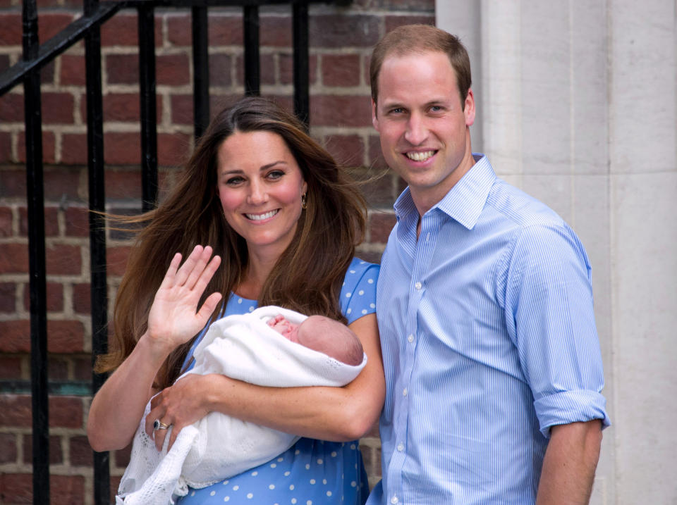 A growing family! The Duke and Duchess of Cambridge welcome their first child, <a href="https://www.huffpost.com/life/topic/prince-george" target="_blank" rel="noopener noreferrer">Prince George</a>, in July 2013. He is third in line to the throne behind his grandfather Charles and father William.