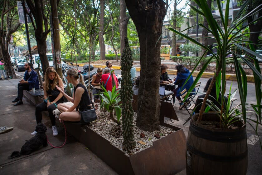 MEXICO CITY - JULY 06: Cafe-goers sit at Quentin Cafe, a coffee shop popular with Americans and remote-workers in the Condesa neighborhood on Wednesday, July 6, 2022 in Mexico City. (Celia Talbot Tobin for the Times)