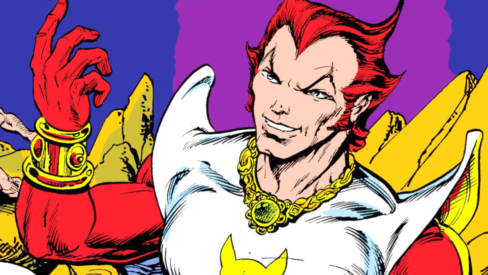 A panel from Warlock #12 by Jim Starlin and Steve Leialoha shows Eros a man with red hair and red gloves sitting looking smug