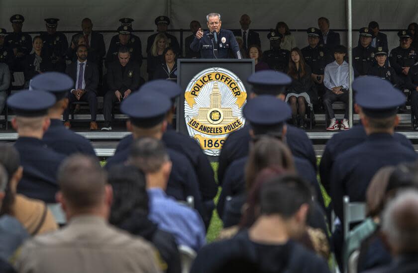 LOS ANGELES, CA-JUNE 2, 2023: LAPD Chief of Police Michel Moore delivers the commencement address to graduates of the Los Angeles Police Academy Class 12-2022, during a ceremony at the Los Angeles Police Academy in Los Angeles. (Mel Melcon / Los Angeles Times)