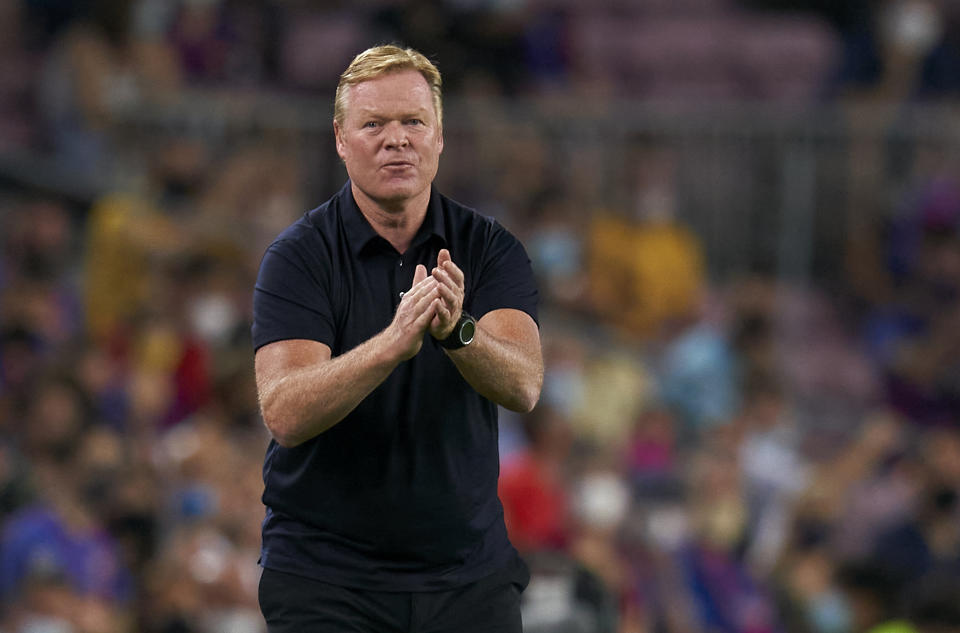 BARCELONA, SPAIN - SEPTEMBER 14: Ronald Koeman, Manager of FC Barcelona reacts during the UEFA Champions League group E match between FC Barcelona and Bayern München at Camp Nou on September 14, 2021 in Barcelona, Spain.  (Photo by Quality Sport Images/Getty Images)