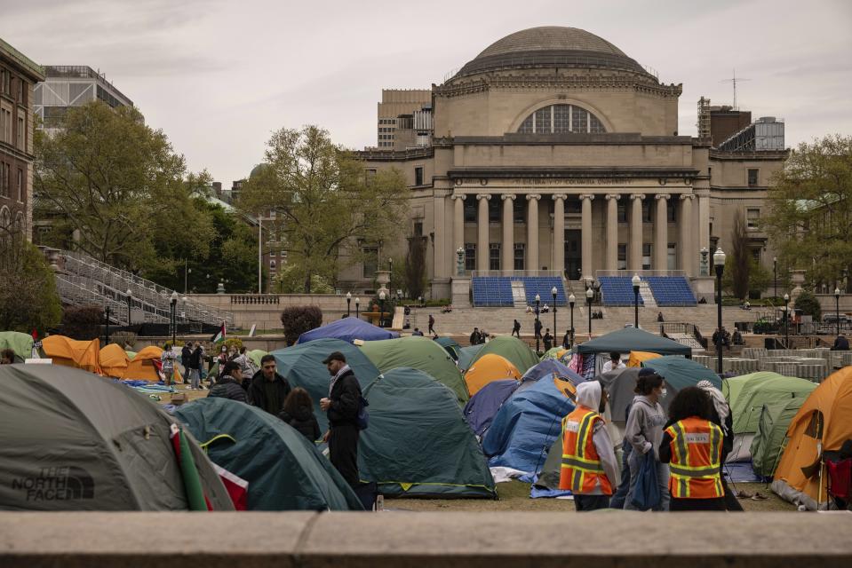 A Pro-Palestinian demonstration encampment is seen at the Columbia University, Saturday, April 27, 2024, in New York. (AP Photo/Yuki Iwamura)