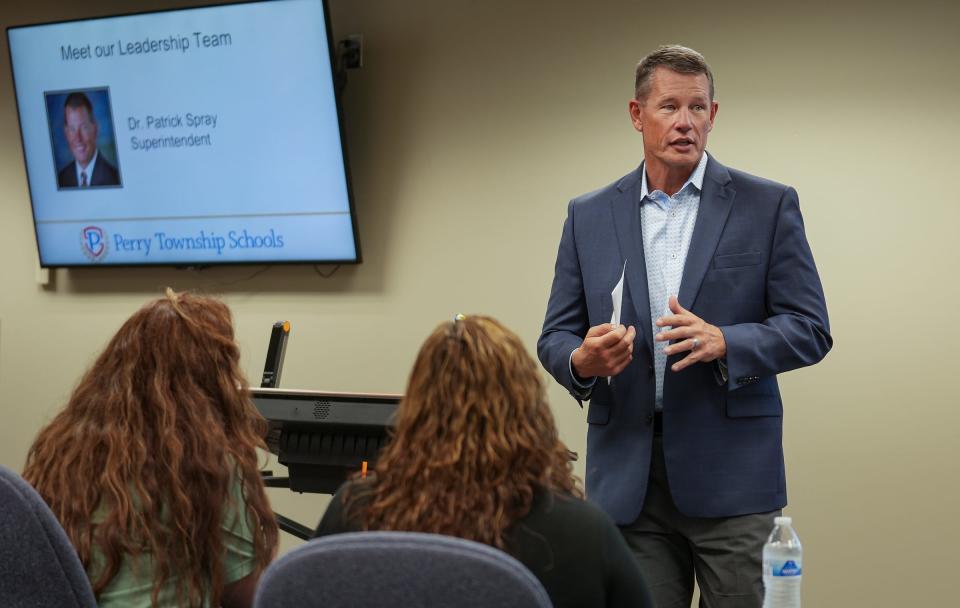 Patrick Spray, superintendent of Perry Township Schools, introduces himself during teacher orientation Tuesday, July 11, 2023, at Perry's administrative offices in Indianapolis. 