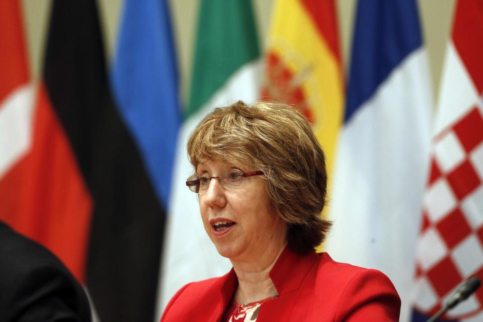 Vice President of the European Commission and High Representative of the Union for Foreign Affairs and security policy Catherine Ashton, speaks during a press conference following an informal meeting of EU Ministers for Foreign Affairs at Zappeion Hall in Athens, on Saturday, April 5, 2014. The Ukraine crisis dominated the two-day informal talks in Athens among EU foreign ministers. The European Union will continue to work with Russia and Ukraine to reduce tensions between the two countries but will keep sanctions as an option, Ashton said Saturday. (AP Photo/Kostas Tsironis)