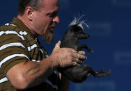 <p>Jason Wurtz, holds onto his dog Sweepee Rambo, who was crowned the winner of the World’s Ugliest Dog contest. (Justin Sullivan/Getty Images)</p>