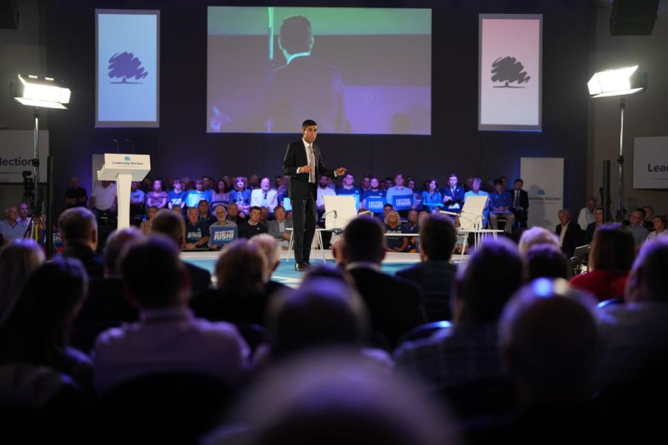 Rishi Sunak speaking at the All Nations Centre in Cardiff during Wednesday’s hustings (Jacob King/PA) (PA Wire)