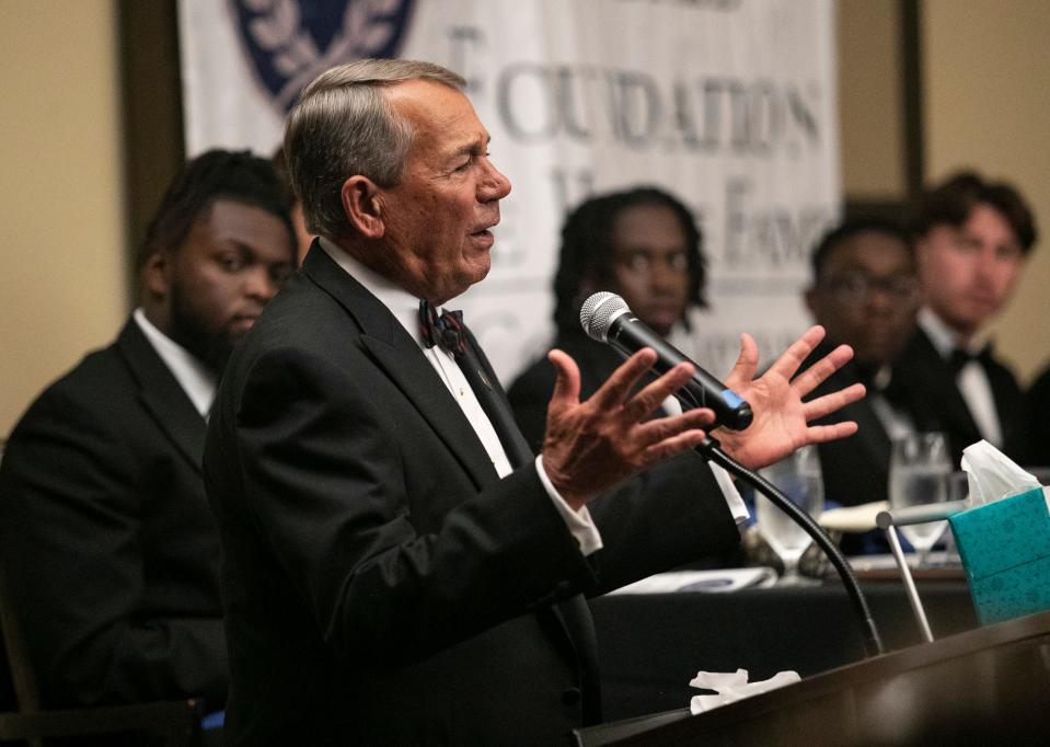 Former House Speaker John Boehner speaks after being given the Distinguished American Award at the National Football Foundationâ€™s Fifth Annual Scholar-Athlete Awards Dinner on Saturday, Feb. 26, 2022, in Naples.