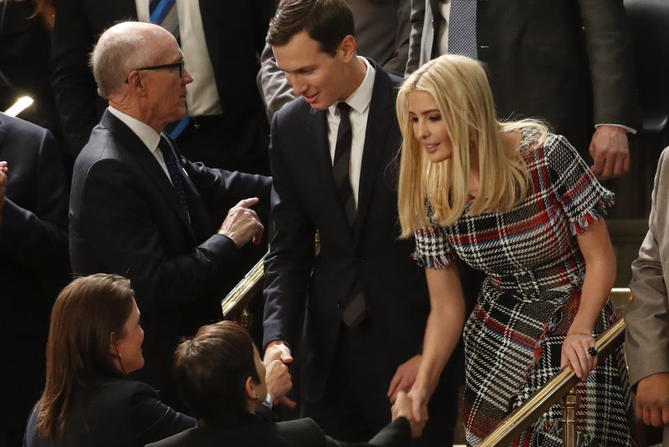 <p>Trump’s son-in-law Jared Kushner and his daughter Ivanka arrive before the State of the Union address to a joint session of Congress on Capitol Hill in Washington, D.C., on Jan. 30. (Photo: Pablo Martinez Monsivais/AP) </p>