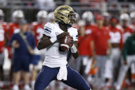 Akron quarterback DJ Irons drops back to pass against Ohio State during the first half of an NCAA college football game Saturday, Sept. 25, 2021, in Columbus, Ohio. (AP Photo/Jay LaPrete)