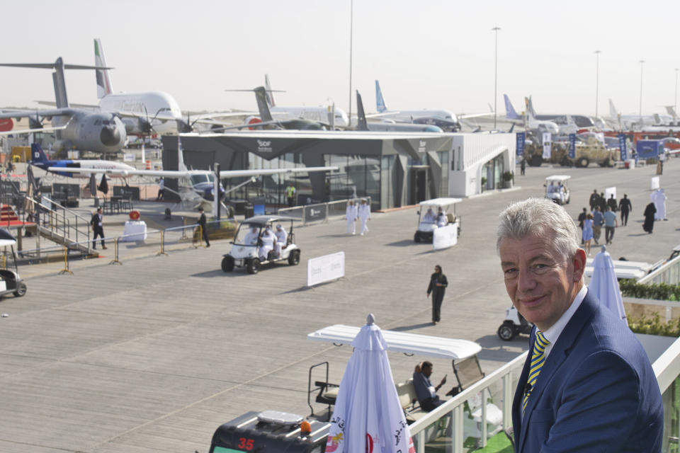 Dubai Airports CEO Paul Griffiths poses for a photograph after an interview with The Associated Press at the Dubai Air Show in Dubai, United Arab Emirates, Wednesday, Nov. 15, 2023. Passenger numbers at Dubai International Airport this year will eclipse the pre-pandemic passenger figures in 2019, showing the strong rebound in travel after the coronavirus pandemic and lockdowns that grounded aircraft worldwide, Griffiths said Wednesday. (AP Photo/Jon Gambrell)