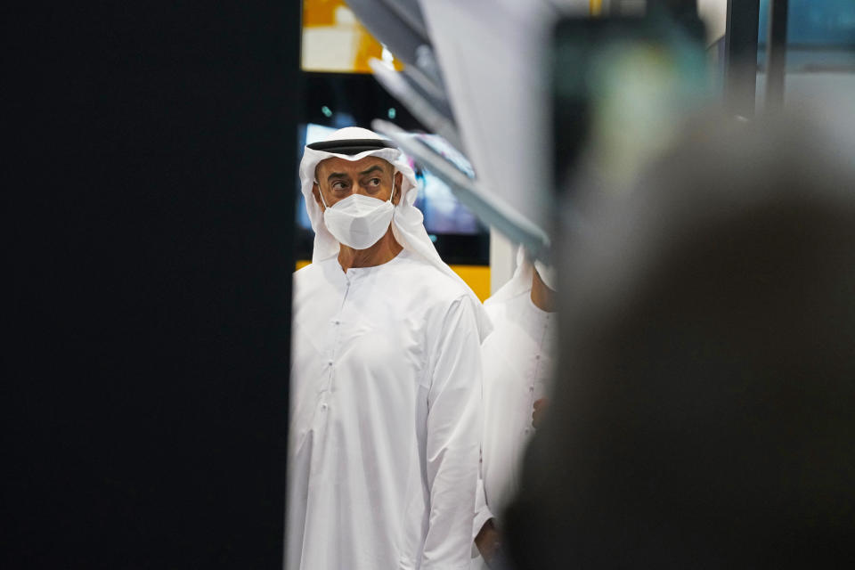 Abu Dhabi's powerful crown prince, Sheikh Mohammed bin Zayed Al Nahyan, attends the Dubai Air Show in Dubai, United Arab Emirates, Wednesday, Nov. 17, 2021. (AP Photo/Jon Gambrell)