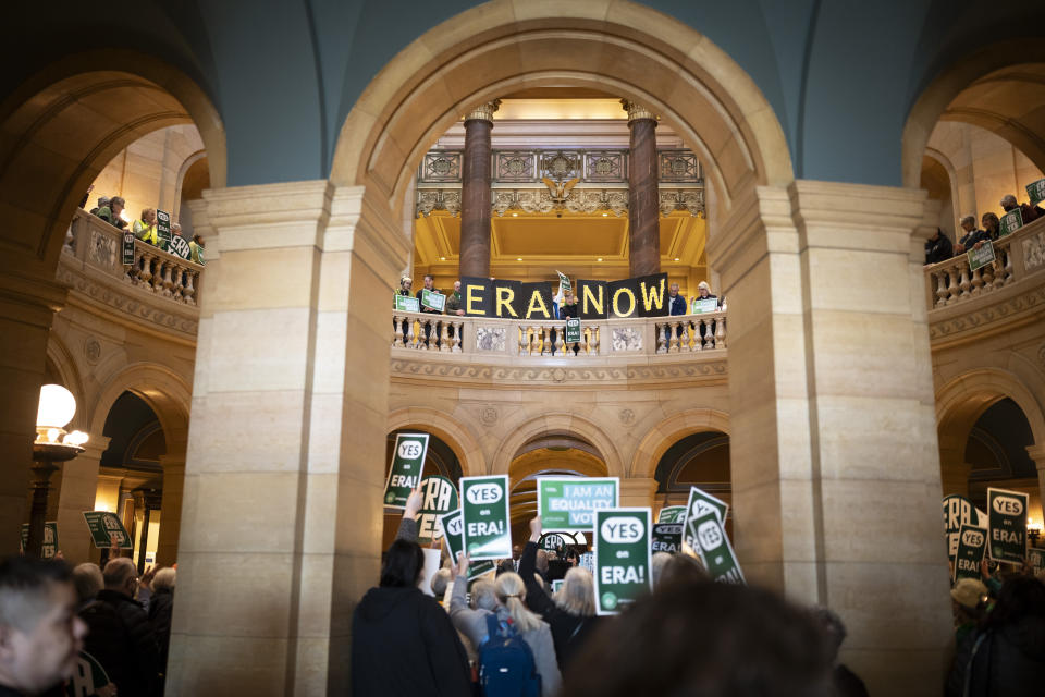 Crowds gather in the rotunda of the Minnesota State Capitol for a rally for the ERA on the first day of 2024 Minnesota Legislature session on Monday, Feb. 12, 2024 in St. Paul, Minn. (Renée Jones Schneider/Star Tribune via AP)