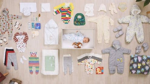 <span class="caption">The baby box in Finland is embedded as part of the maternity system.</span> <span class="attribution"><a class="link " href="https://www.kela.fi/web/en/maternity-package-2019" rel="nofollow noopener" target="_blank" data-ylk="slk:Kela;elm:context_link;itc:0;sec:content-canvas">Kela</a></span>