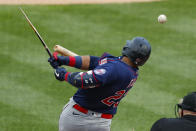 Minnesota Twins' Nelson Cruz gets a broken bat single off Pittsburgh Pirates starting pitcher Trevor Williams in the first inning of a baseball game, Wednesday, Aug. 5, 2020, in Pittsburgh. (AP Photo/Keith Srakocic)