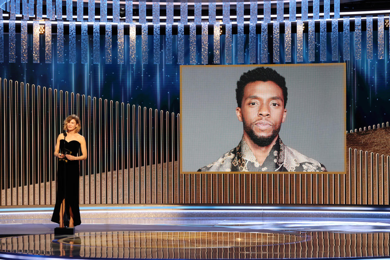 Renée Zellweger announces the late Chadwick Boseman as winner of the Best Actor - Motion Picture Drama award for ‘Ma Rainey's Black Bottom’ onstage at the 78th Annual Golden Globe Awards