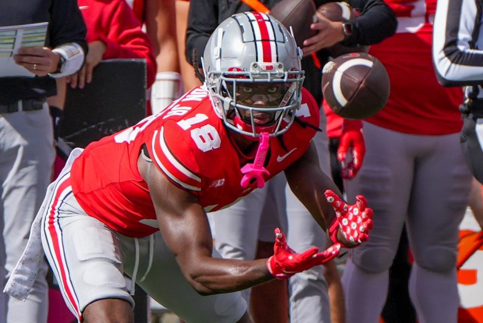 Oct 7, 2023; Ohio Stadium, Ohio, USA;
Ohio State Buckeyes wide receiver Marvin Harrison Jr. (18) catches the ball during their game against the Maryland Terrapins on Saturday, Oct. 7, 2023.