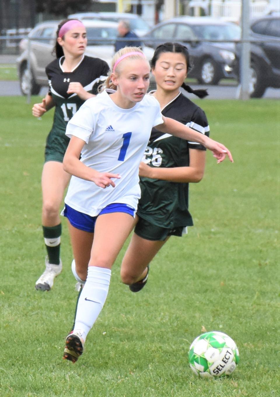 Dolgeville Blue Devil Emily Metz (1), pictured in a 2022 Section III playoff match at Westmoreland, scored Dolgeville's goal in Monday's match against Westmoreland at Herkimer College.