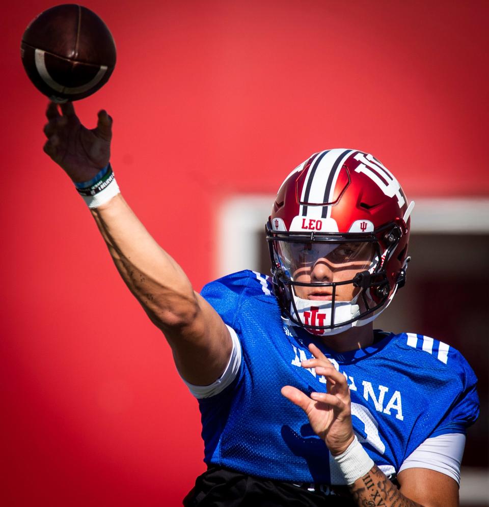 Indiana's Tayven Jackson (2) throws a pass during Indiana football's Spring Football Saturday event at Memorial Stadium on Saturday, April 15, 2203.