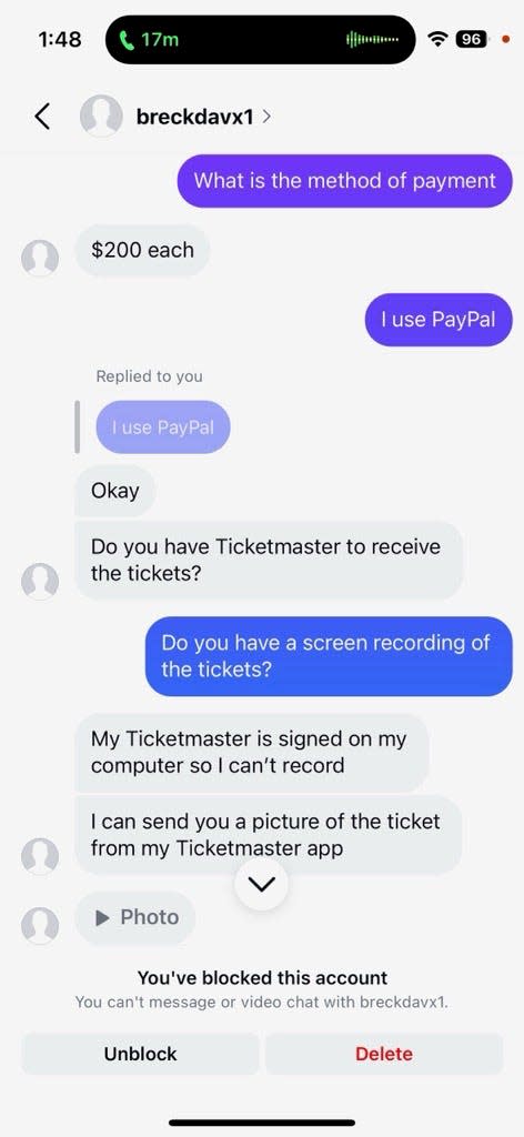 A screenshot of Kayla Middlemist's conversation with a Taylor Swift ticket scammer. The seller refused to send a screen recording of the tickets, which can sometimes prove authenticity that a screenshot cannot.