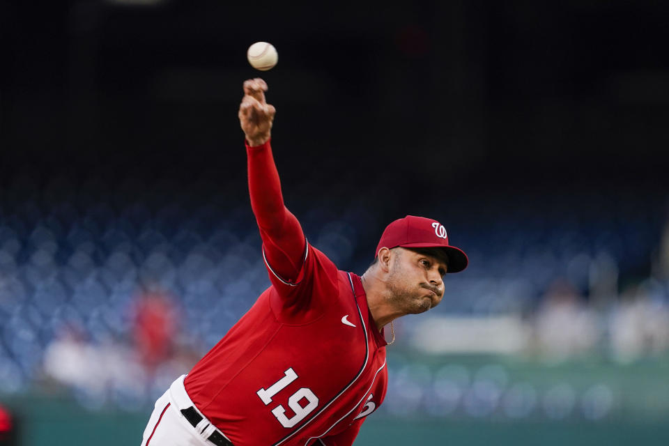 Washington Nationals starting pitcher Anibal Sanchez throws during the first inning of a baseball game against the Oakland Athletics at Nationals Park, Wednesday, Aug. 31, 2022, in Washington. (AP Photo/Alex Brandon)