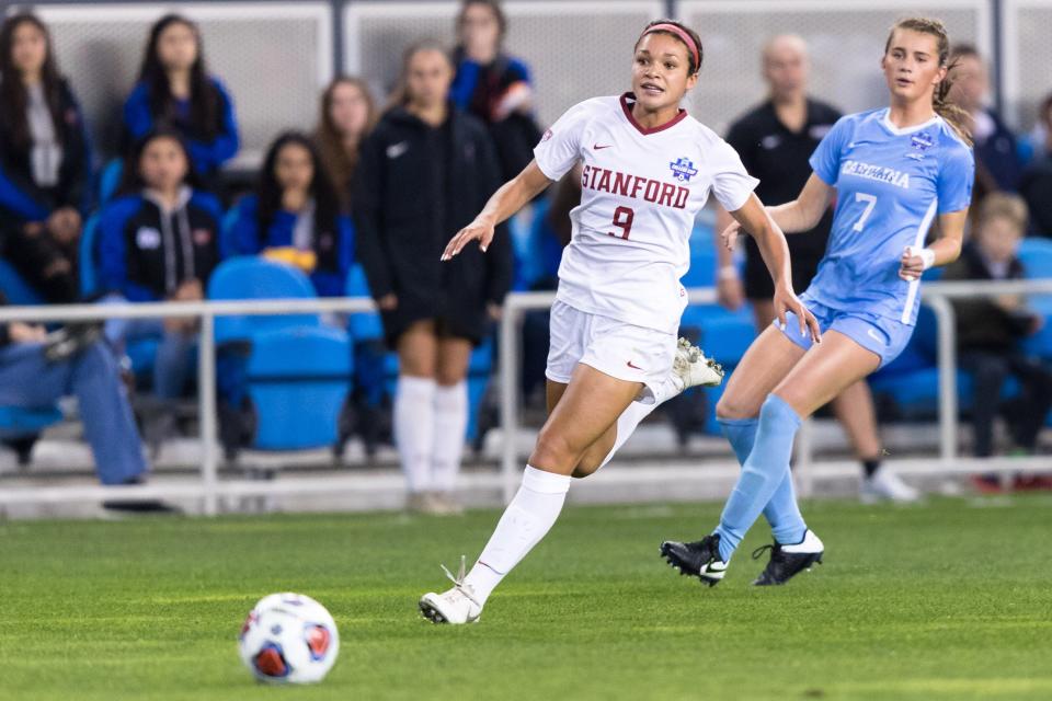 Stanford Cardinal forward Sophia Smith (9) dribbles as North Carolina Tar Heels defender Julia Dorsey (7) defends in the first half of the College Cup championship match at Avaya Stadium in San Jose, California, on Dec 8, 2019.