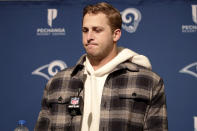 Los Angeles Rams quarterback Jared Goff speaks at a news conference after the Rams lost to the San Francisco 49ers in an NFL football game in Santa Clara, Calif., Saturday, Dec. 21, 2019. (AP Photo/John Hefti)