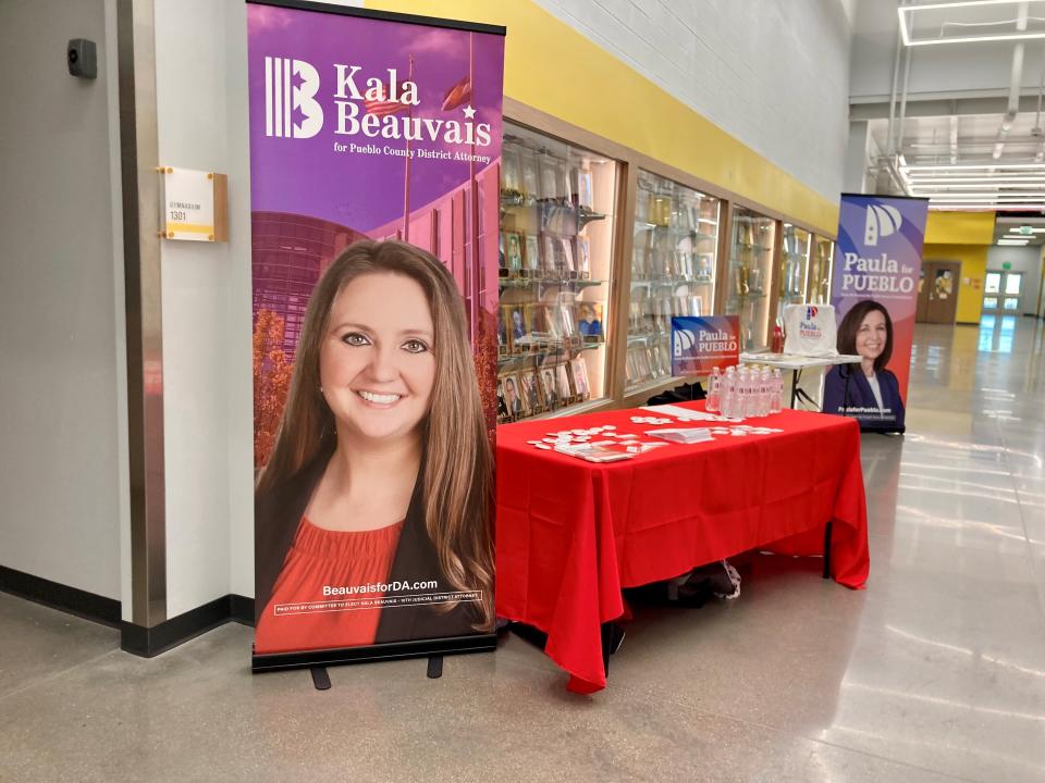 The Republican candidate for Pueblo's District Attorney Kala Beauvais, as well as BOCC District 2 candidate Paula McPheeters, had large banners and campaign materials on display for the GOP County Assembly on March 19, 2024.