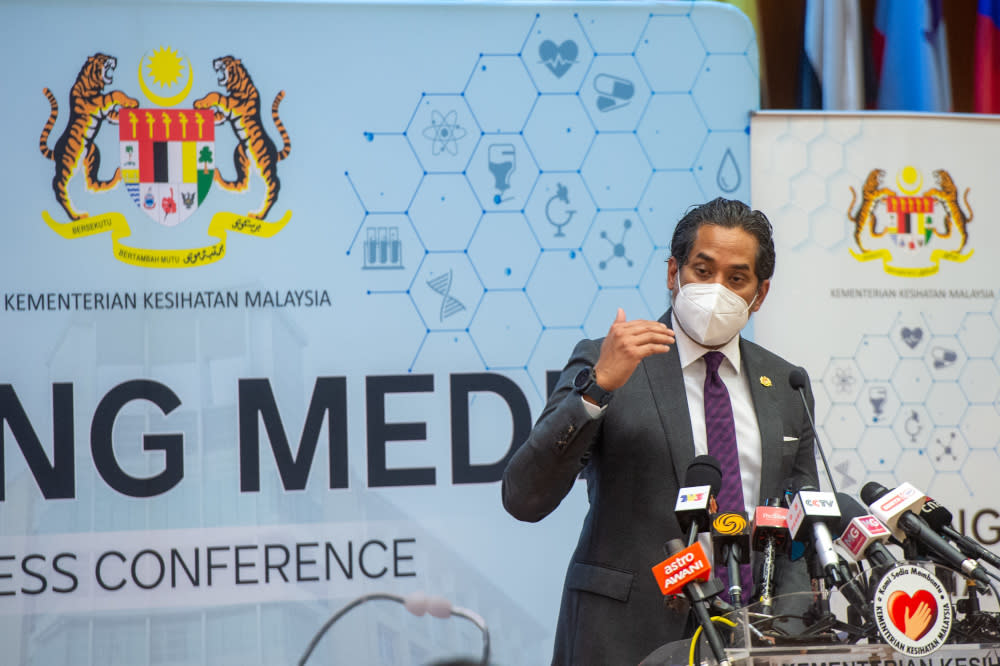 Health Minister Khairy Jamaluddin speaks at a press conference in Putrajaya, September 1, 2021. — Picture by Shafwan Zaidon