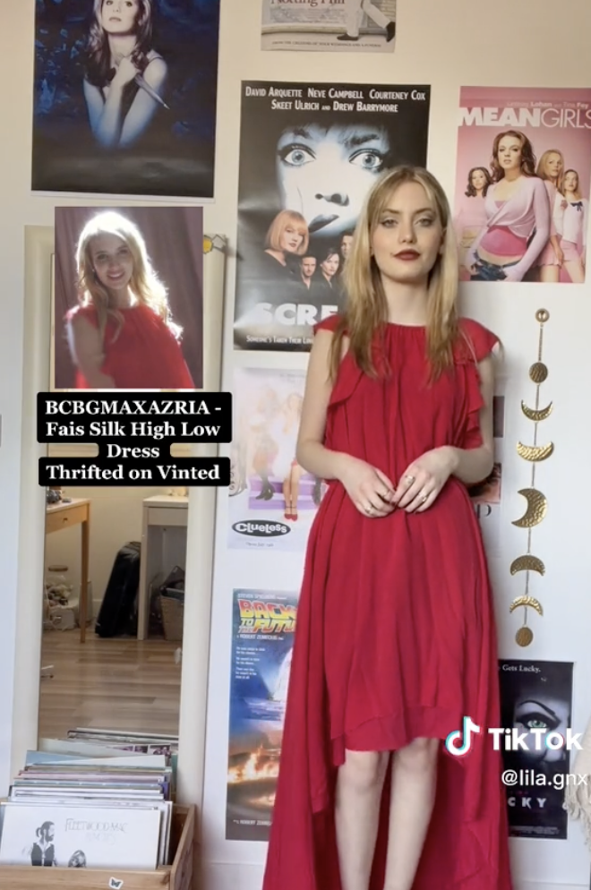 Lila in the iconic red dress Emma Roberts wore in "American Horror Story: Coven"