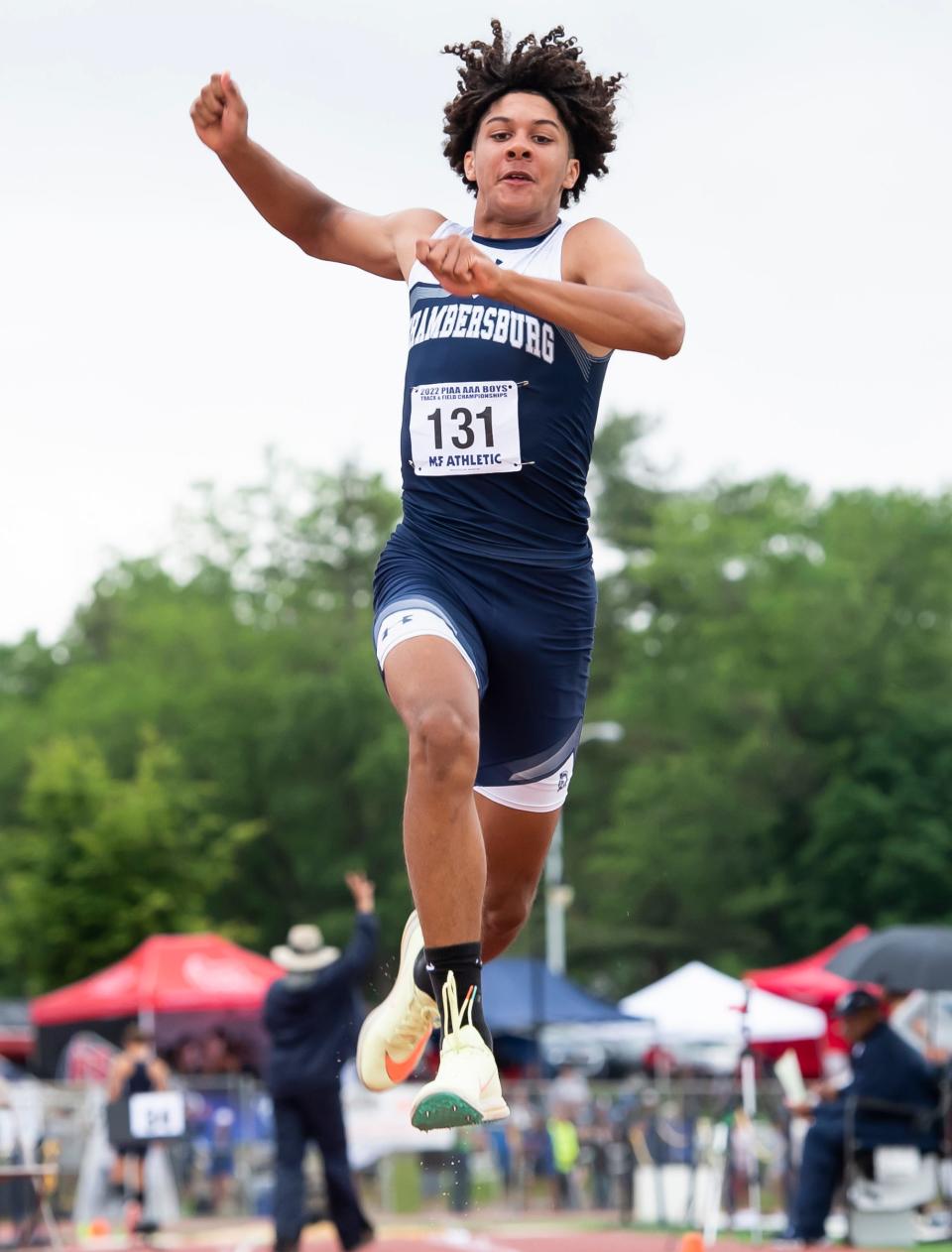 Chambersburg's JJ Kelly competes in the 3A boys' triple jump at the PIAA track and field championships at Shippensburg University on Friday, May 27, 2022. Kelly, a freshman, won gold with a top jump of 48-1.