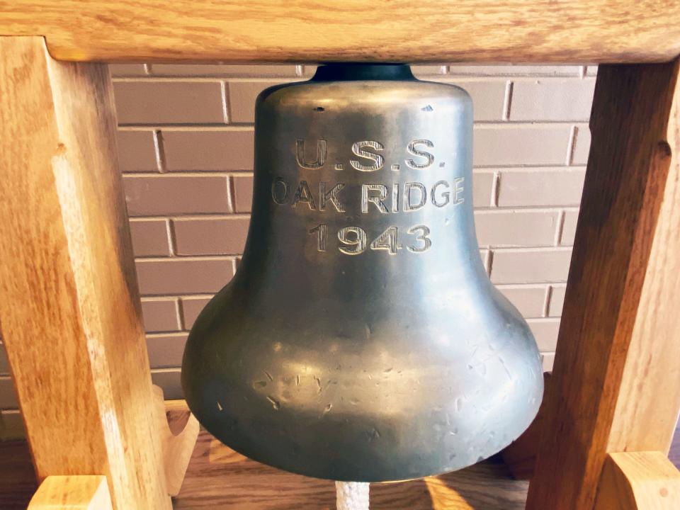 The bell engraved and mounted to commemorate the USS Oak Ridge and encourage Oak Ridge to better understand the history of the ship and the appreciate the crew’s relationship to the city of Oak Ridge.