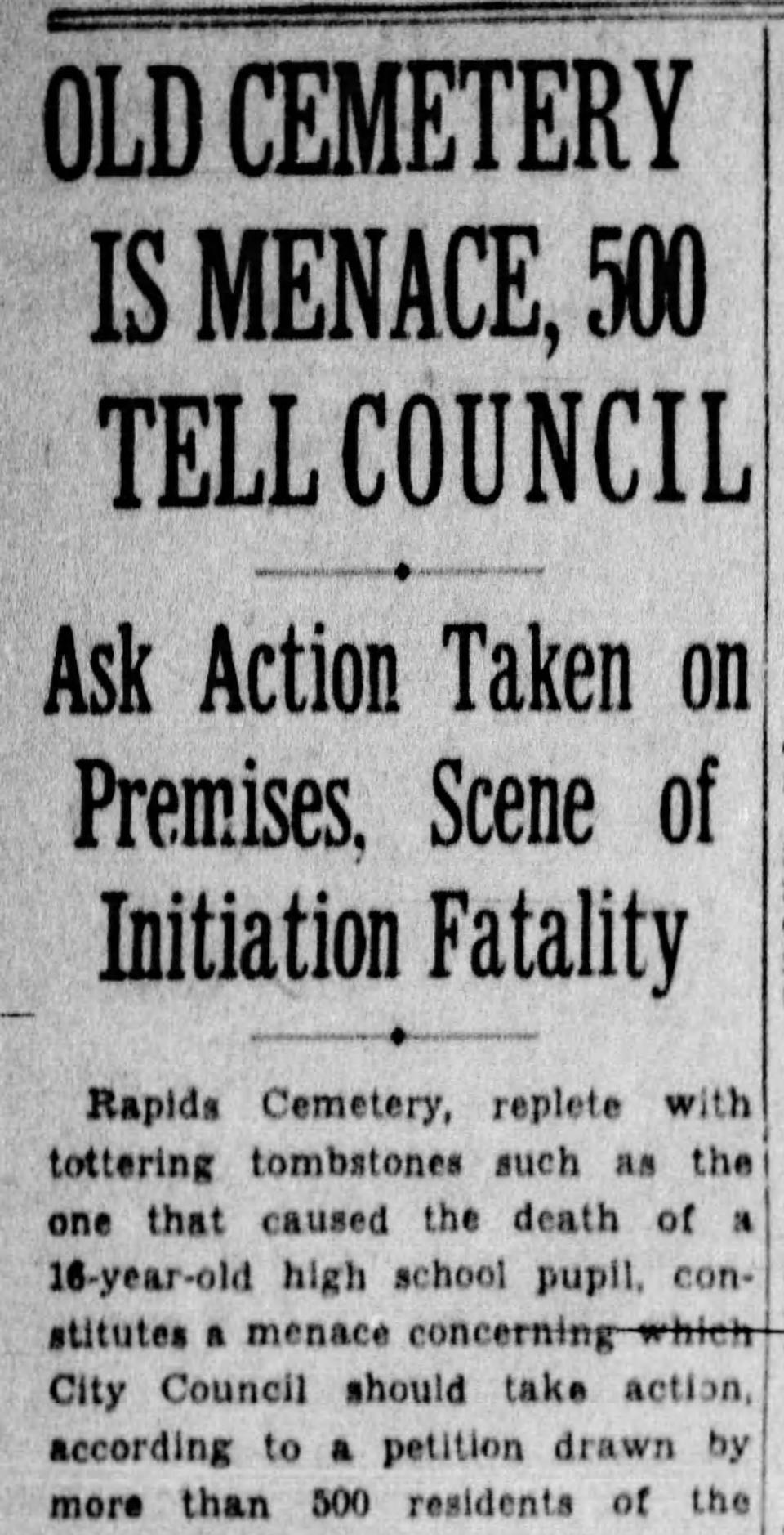 A Democrat and Chronicle clipping regarding Rapids Cemetery from April 7, 1934.
