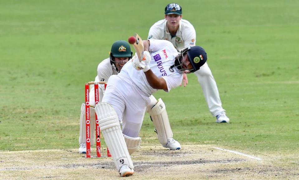 Rishabh Pant smashes a six off Nathan Lyon during his superb unbeaten 89.