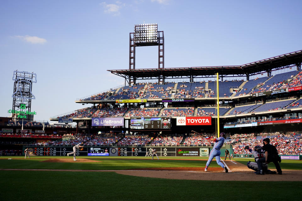 Philadelphia Phillies' Alec Bohm hits a run-scoring single against Atlanta Braves pitcher Ian Anderson during the second inning of a baseball game, Thursday, June 30, 2022, in Philadelphia. (AP Photo/Matt Slocum)