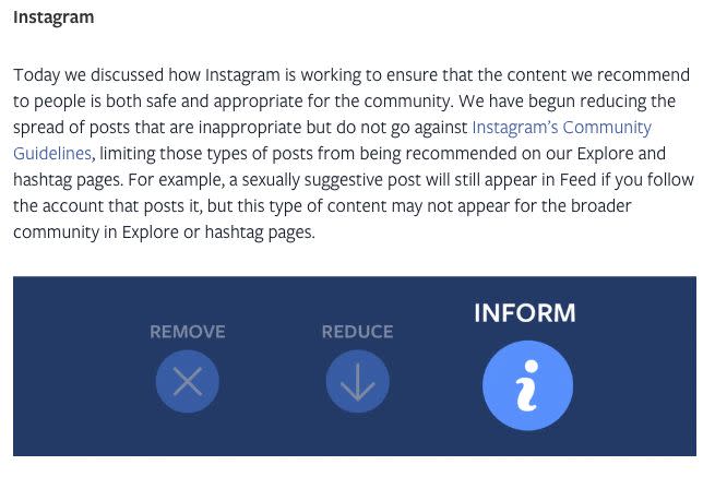 Instagram has started demoting "inappropriate" content that doesn't violate its community guidelines, including "sexually suggestive" posts. (Photo: <a href="https://newsroom.fb.com/news/2019/04/remove-reduce-inform-new-steps/" target="_blank">Facebook Newsroom</a>)