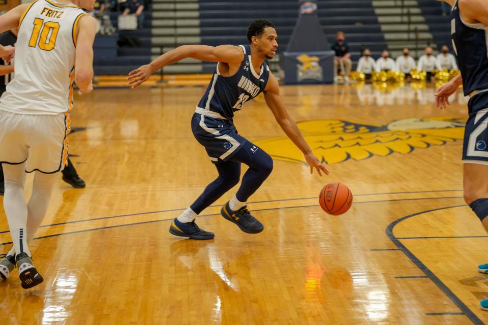 Monmouth's Marcus McClary drives to the basket during the Hawks' win over Canisius in Buffalo, New York on Dec. 5, 2021.